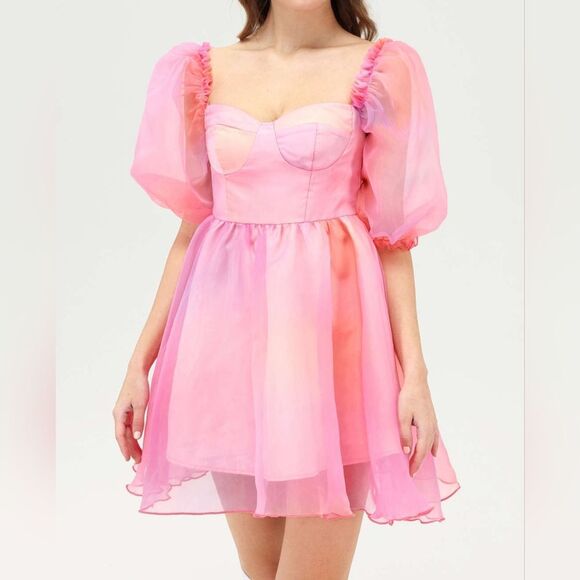 Cider Dresses & Skirts - Cider Heart On Fire Pink Orange Ombre Sheer Tulle Poof Sleeve Mini Dress XL